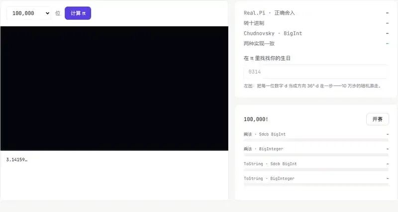 π 计算网页界面:Real.Pi 与 Chudnovsky BigInt 双实现交叉验证,含 10 万位随机游走可视化