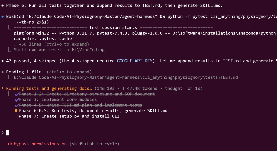 CLI-Anything 运行测试并生成文档的终端输出