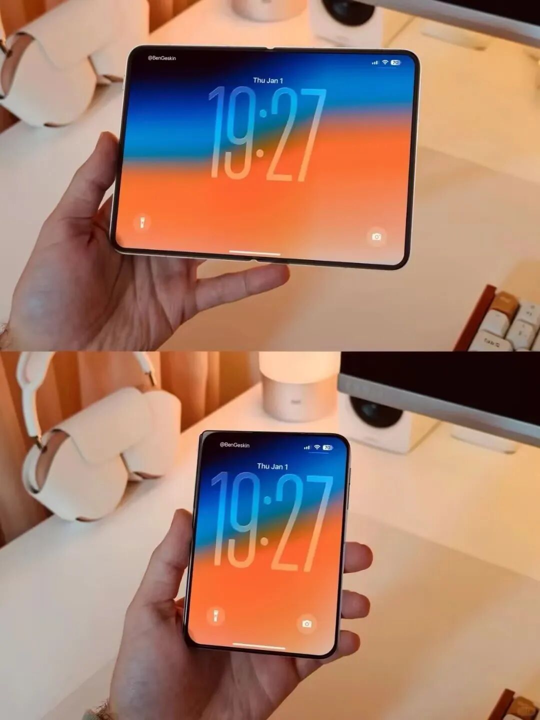 折叠屏手机展开与折叠状态对比图