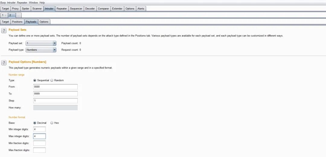 Burp Intruder的Payload设置，配置数字范围