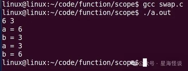 Linux终端执行 swap.c:输入 6 3,输出 a=6→a=3, b=3→b=6