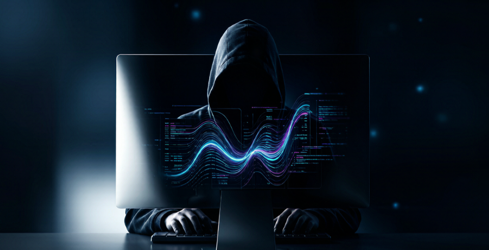 戴兜帽的黑客背对镜头操作电脑,屏幕显示动态数据流
