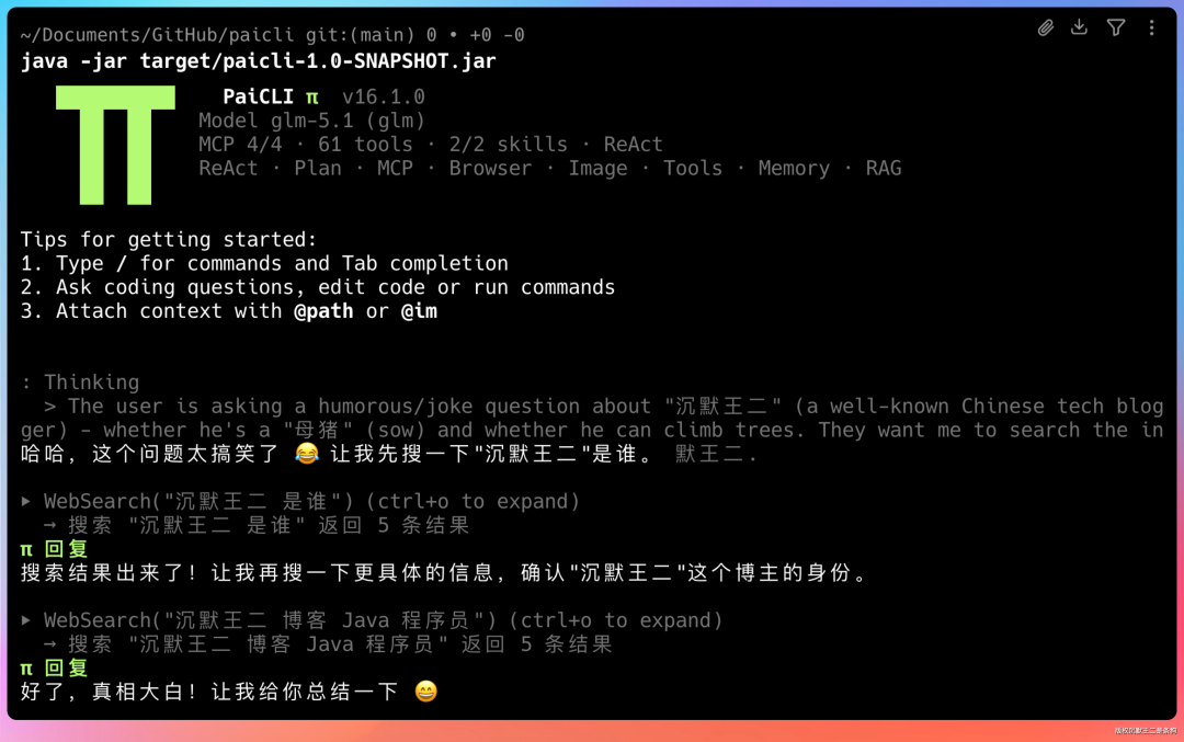 终端界面截图，展示PaiCLI CLI工具的启动信息及对“沉默王二”身份的联网搜索过程