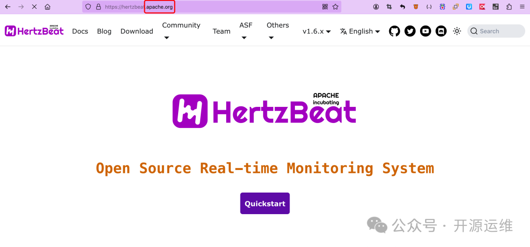 HertzBeat官网首页,显示Apache孵化项目标识