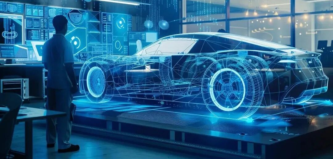 高科技控制室内的汽车全息投影模型，工程师正在进行分析