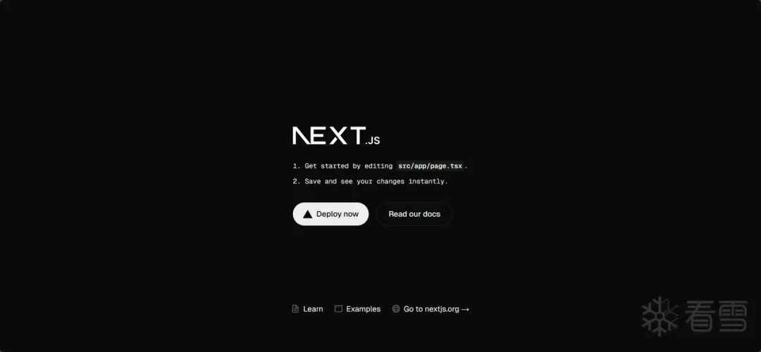 黑色背景的 Next.js 启动页面，中央显示白色文字 NEXT.JS