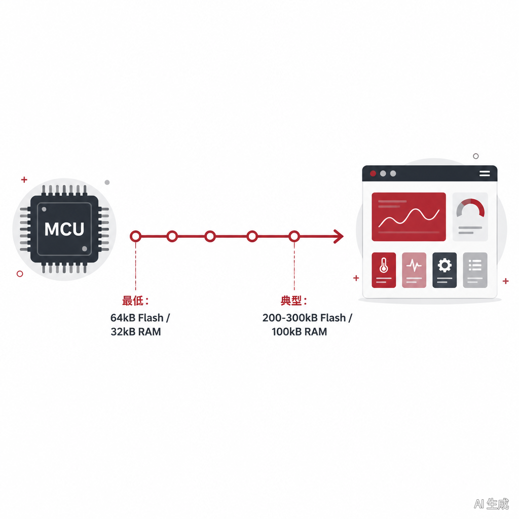 LVGL 资源门槛示意:从最低 64kB Flash 与 32kB RAM 到典型 200-300kB Flash 与 100kB RAM