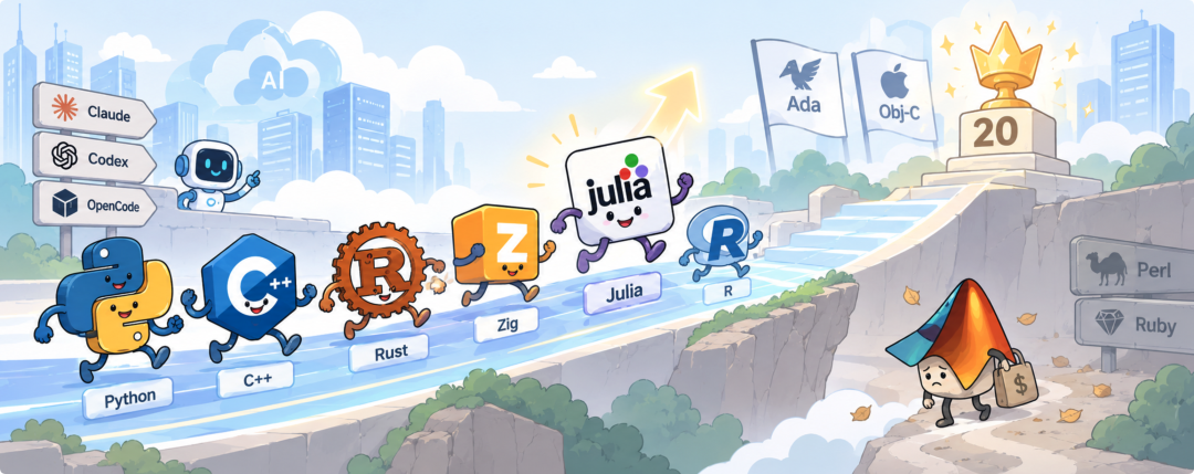 编程语言赛道竞赛卡通插画:Python、C++、Rust、Julia 等