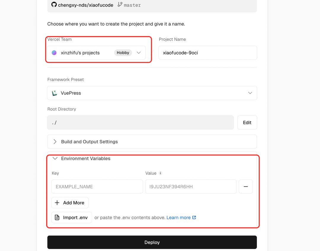 Vercel项目配置与环境变量设置界面