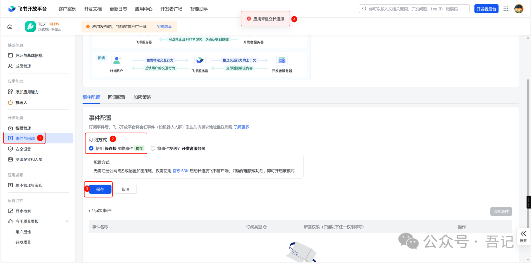 飞书开放平台事件订阅配置页面