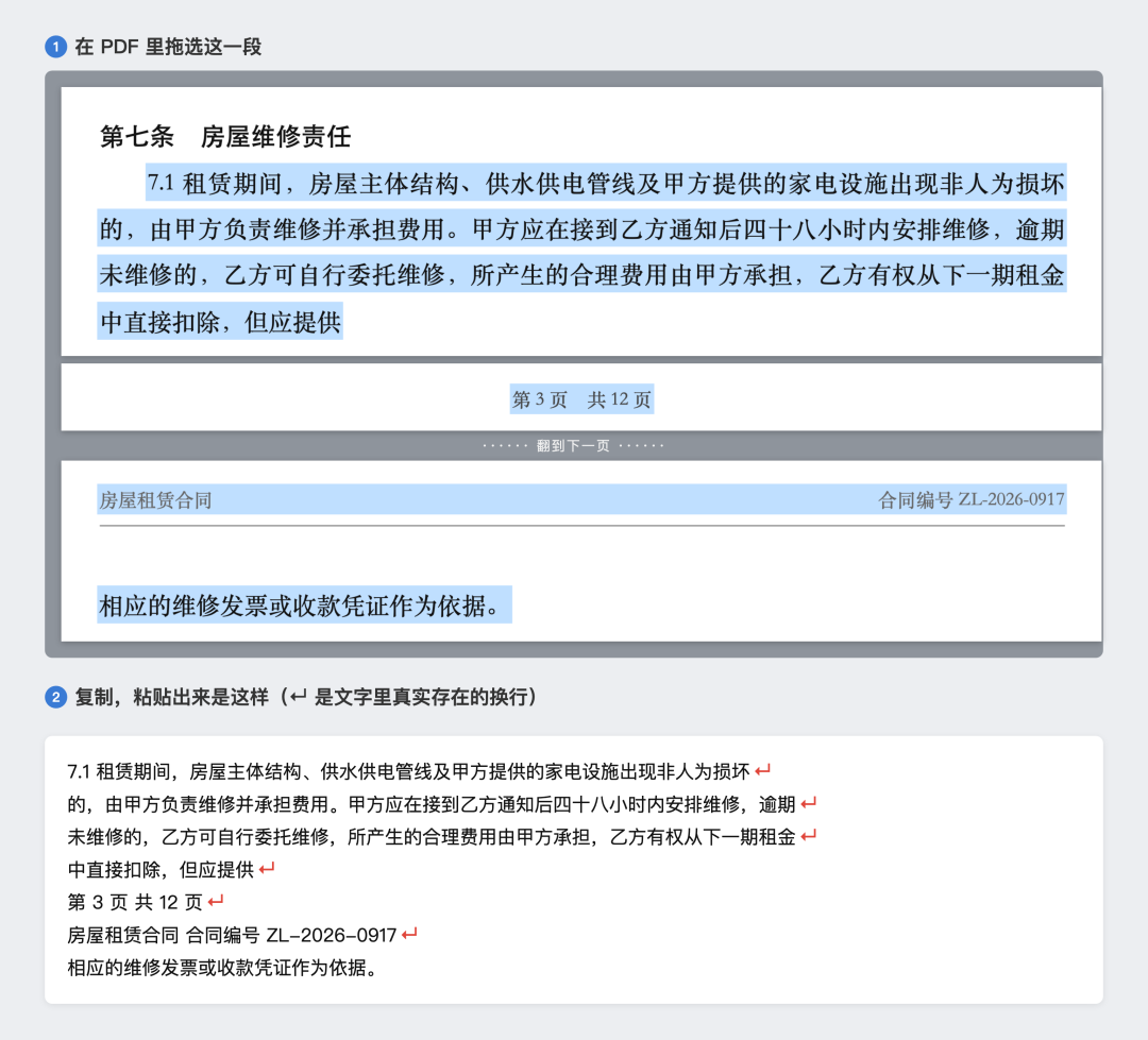 PDF 复制粘贴断行真实复现