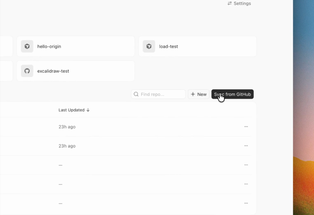 Cursor Origin 仓库列表与 Sync from GitHub 同步按钮