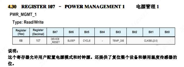 MPU6050电源管理1寄存器配置表