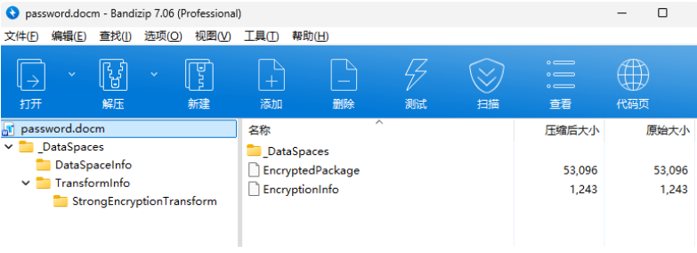 使用Bandizip打开password.docm，显示其为加密的压缩包结构