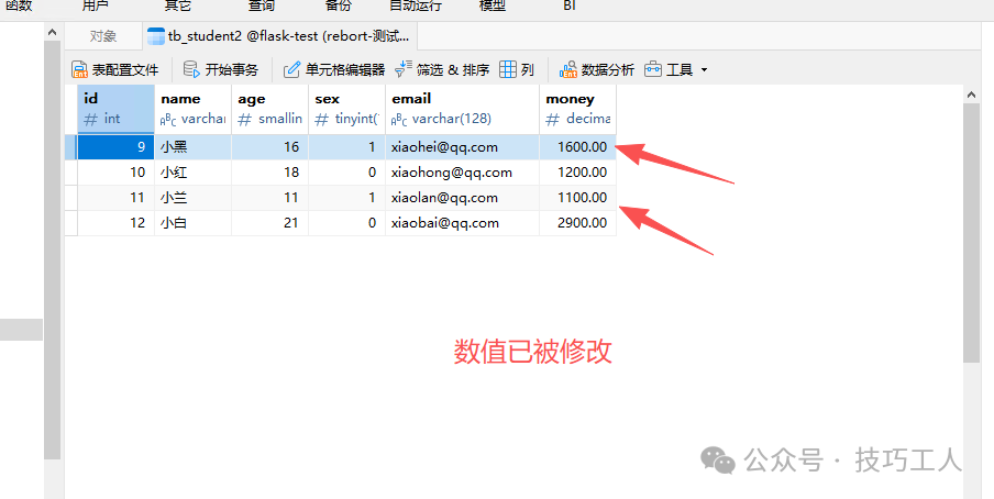 批量更新后的数据库表数据，数值已改变
