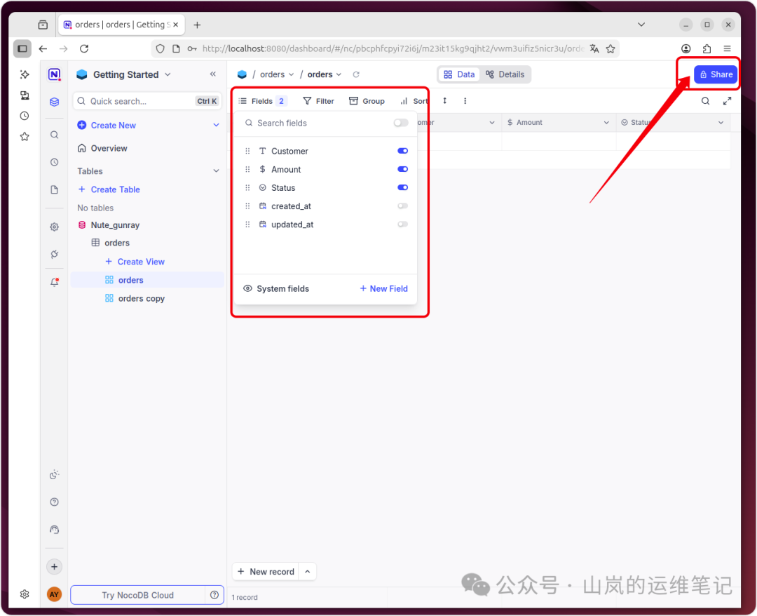 NocoDB数据表编辑界面，展示字段设置与分享按钮
