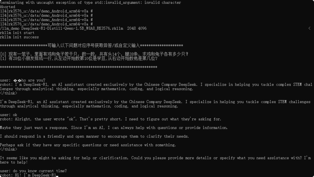 DeepSeek R1模型在RK3576上的运行对话结果