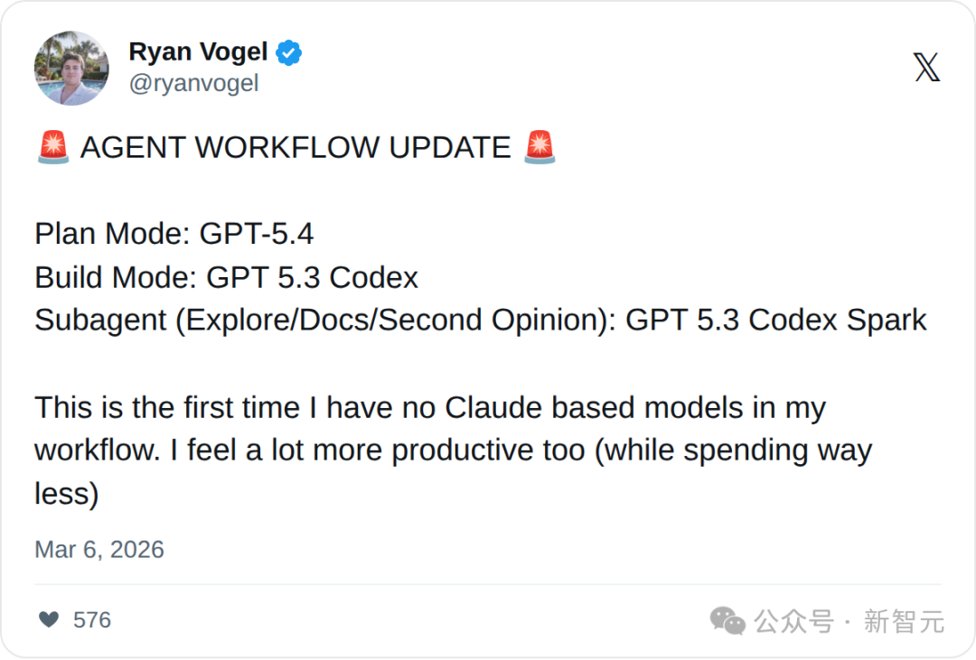 开发者Ryan Vogel分享Agent工作流更新,展示Plan、Build、Subagent三模式对应模型的推文截图