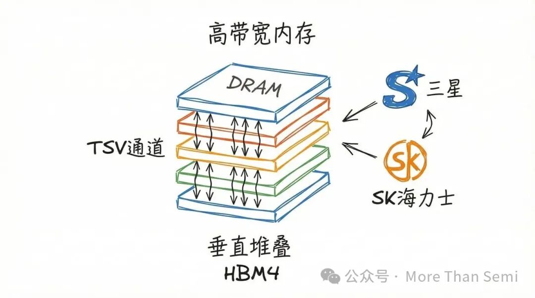 三星与SK海力士HBM4垂直堆叠结构示意图