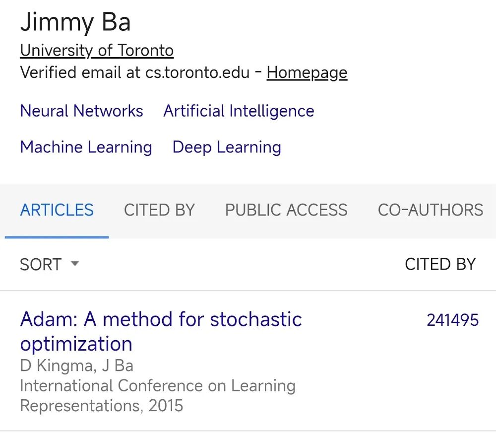 Jimmy Ba的谷歌学术页面截图，显示Adam论文引用量