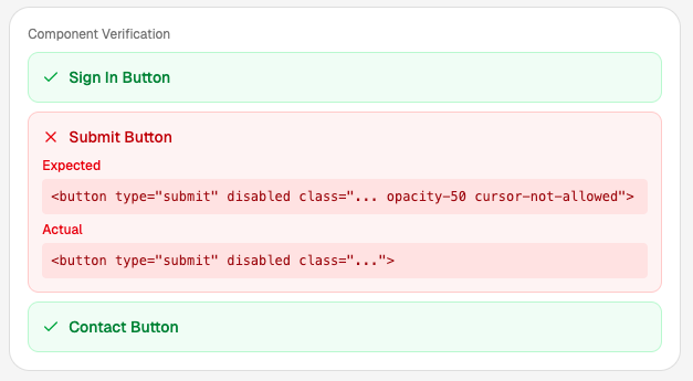 组件验证界面，显示预期与实际输出的差异