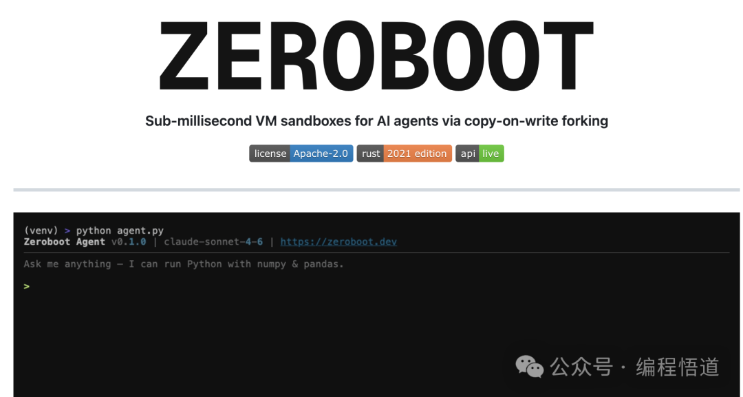 Zeroboot 项目终端运行界面截图，显示在虚拟环境中启动 Agent 并提示可以运行 Python