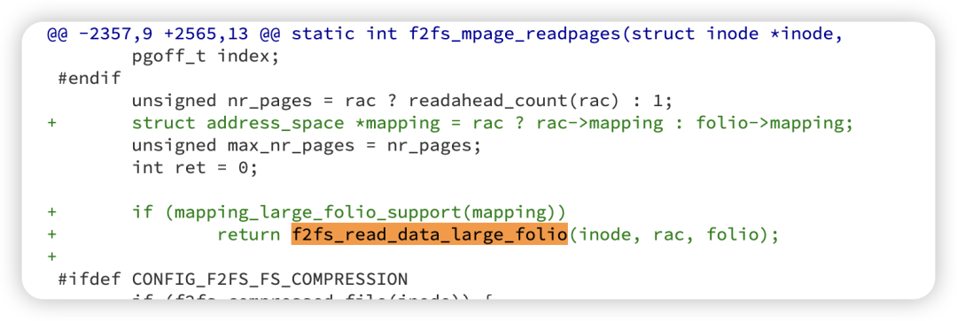 f2fs读取路径中增加large folio支持的代码截图