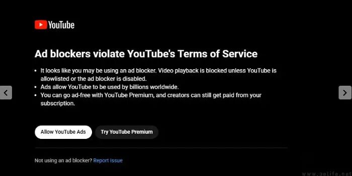 YouTube广告拦截违反服务条款截图