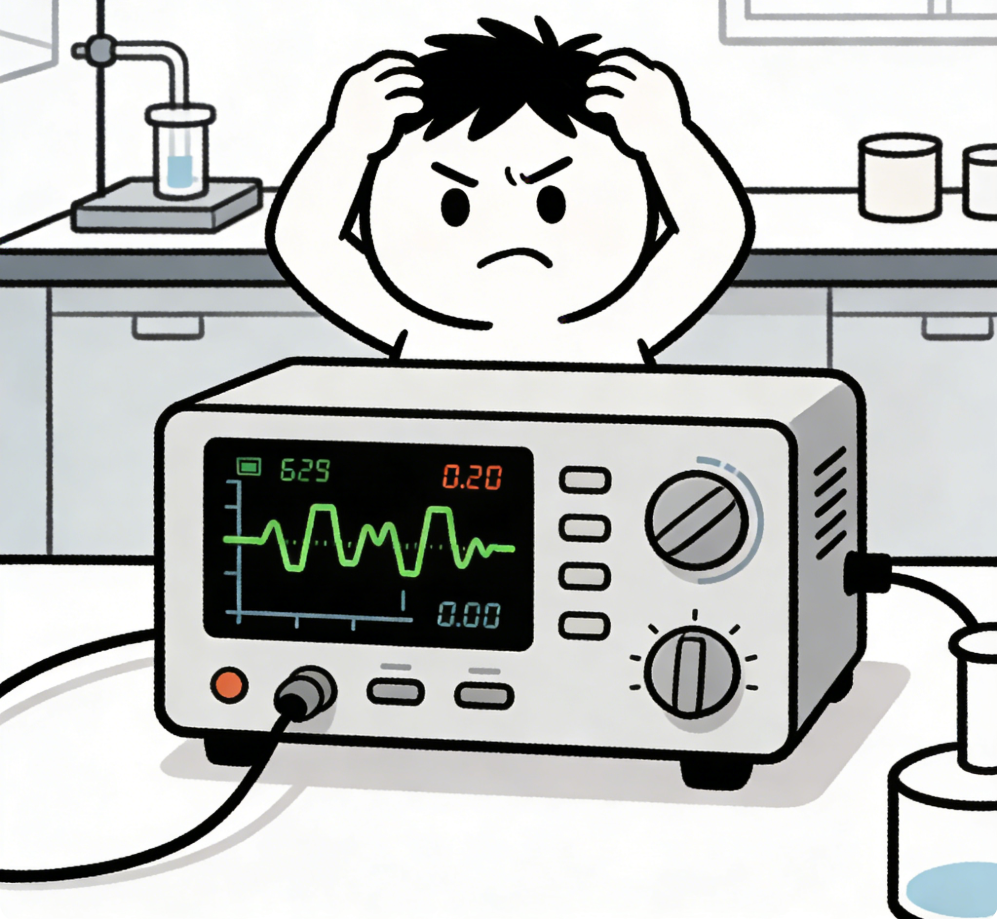 工程师面对测量难题的卡通表情图