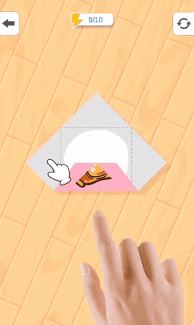 《折纸达人》游戏过程GIF，展示揭开折纸露出卡通图案的动画