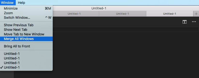 macOS 原生标签页的 Window 菜单和 Merge All Windows 选项