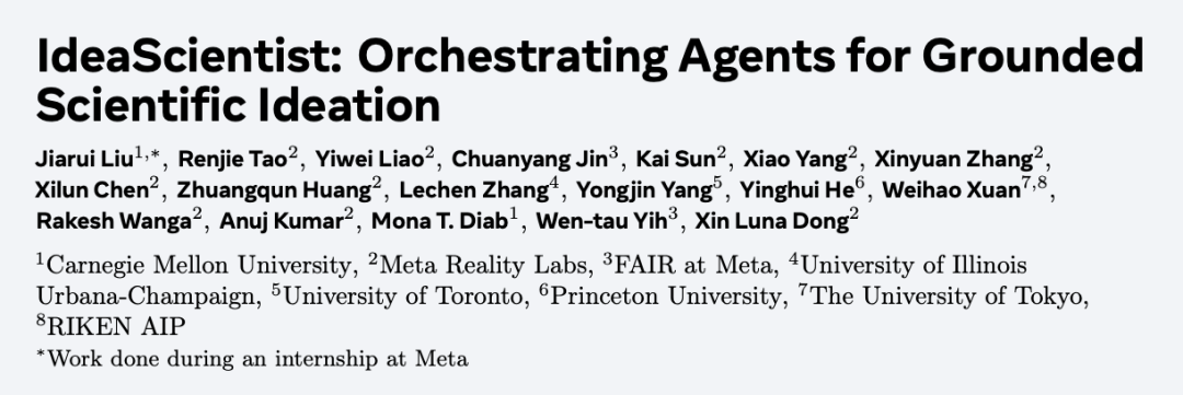 IdeaScientist论文标题页,展示论文标题、作者列表及CMU、Meta等机构信息