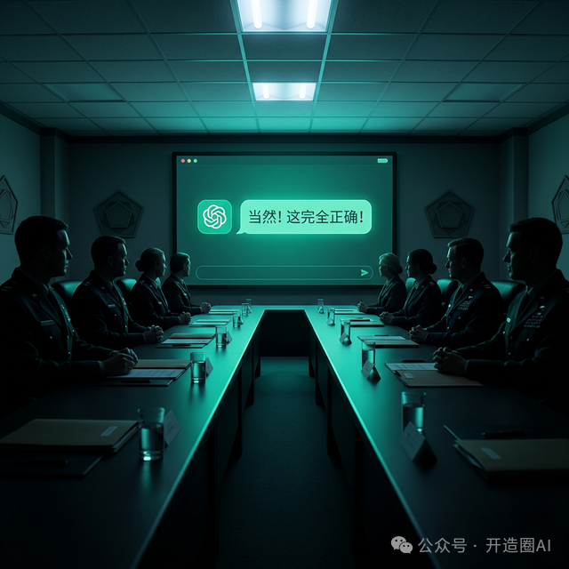 科技感会议室中，大屏幕上显示AI对话“当然！这完全正确！”