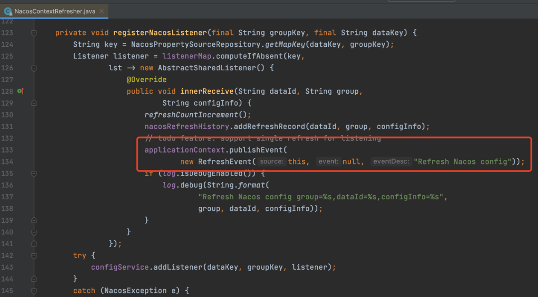 NacosContextRefresher发布RefreshEvent事件代码