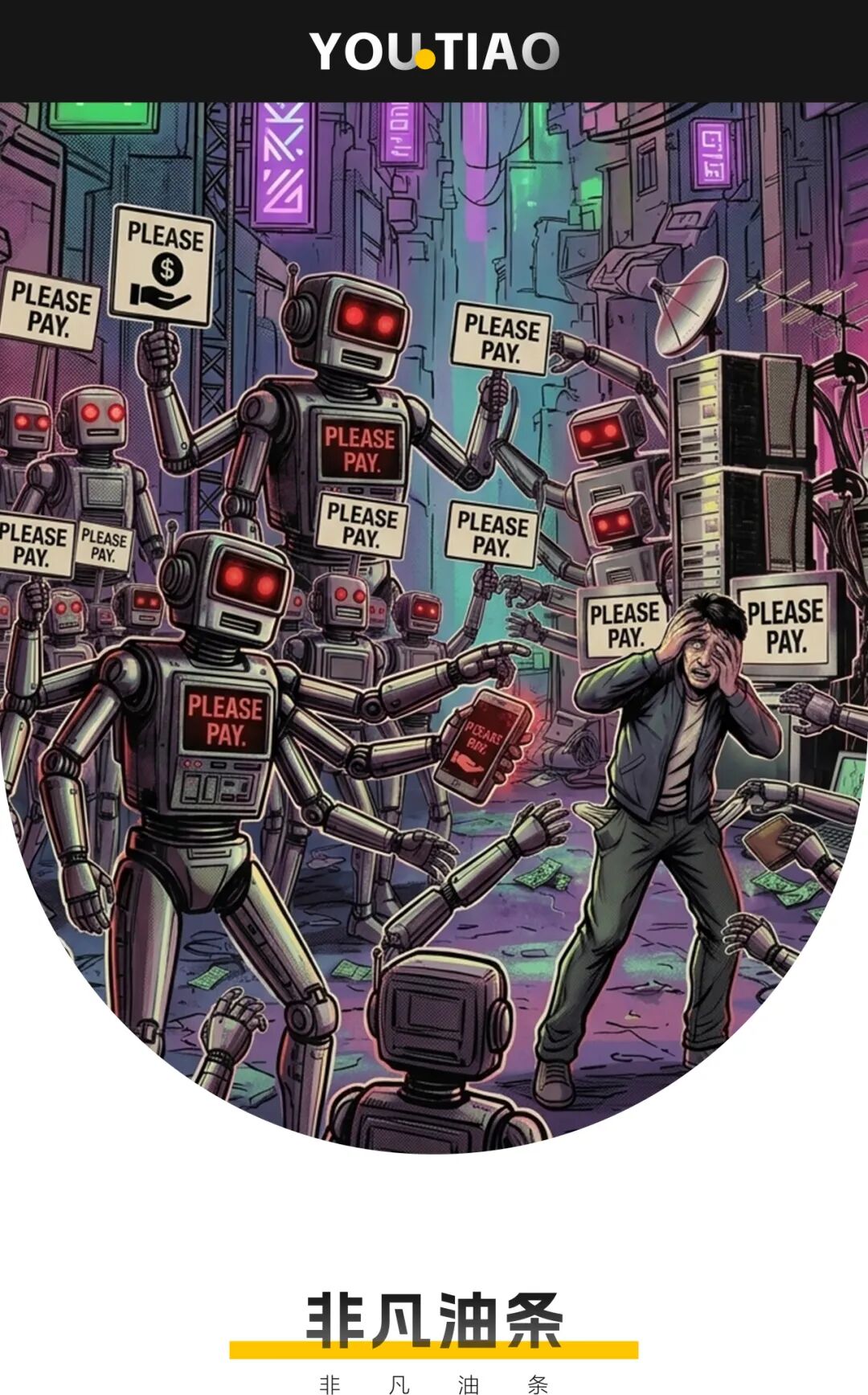 赛博朋克风格的未来都市街头，机器人手持“PLEASE PAY”标牌，表达AI使用成本压力