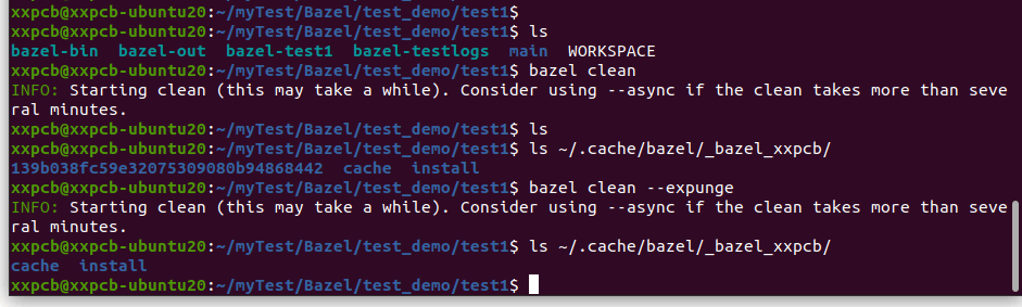 终端中分别执行 bazel clean 与 bazel clean --expunge 清理构建产物及缓存的对比效果