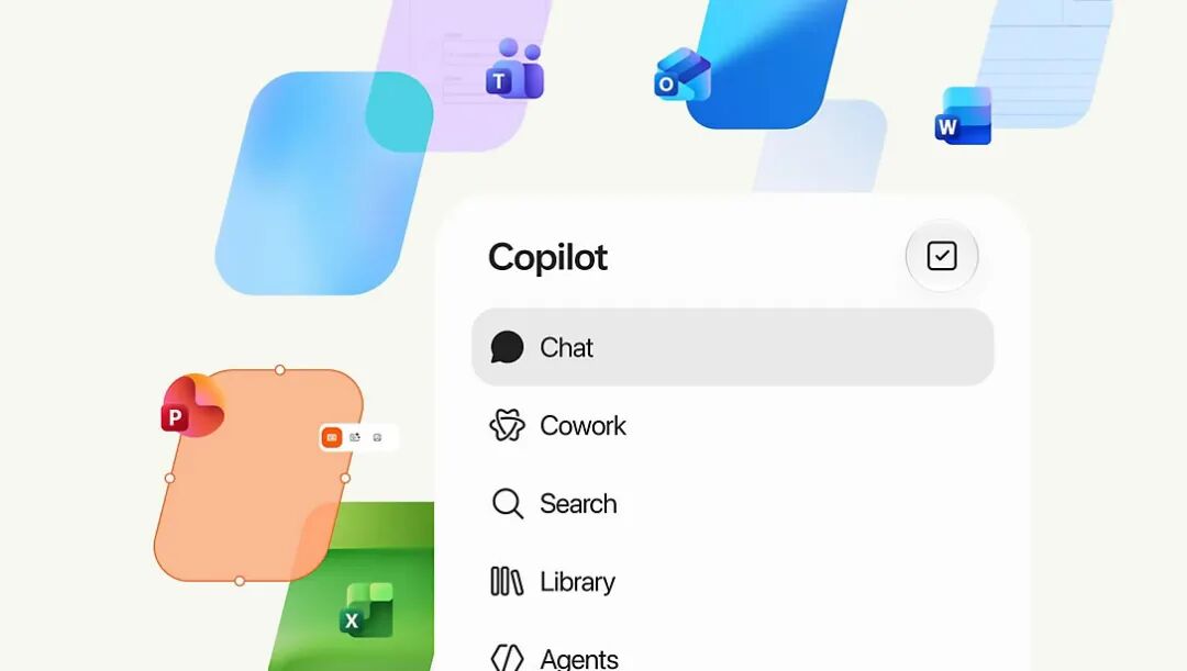 微软Copilot界面概念图展示Chat、Cowork、Search等菜单选项