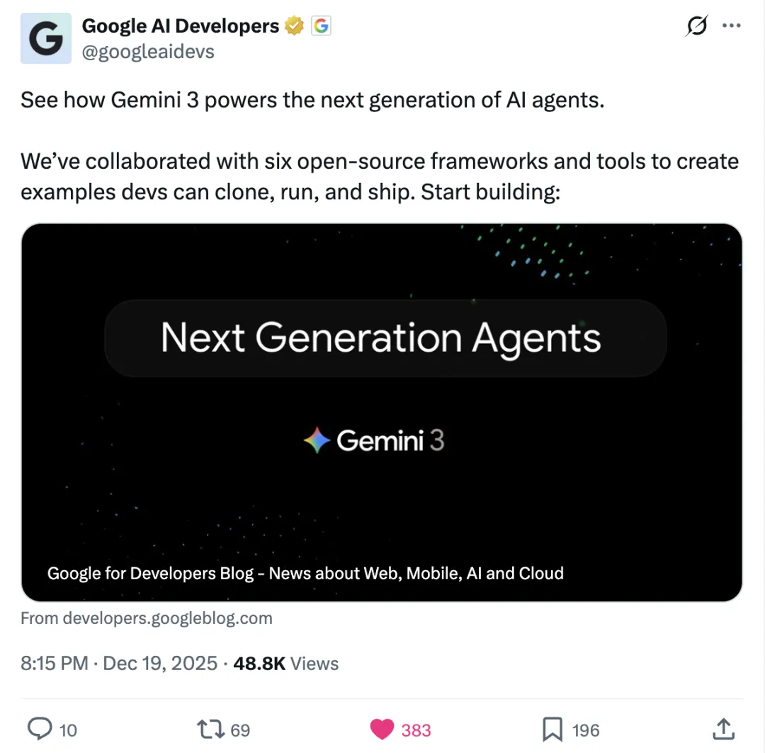 Google AI Developers 介绍 Gemini 3 驱动下一代 AI 代理的推文