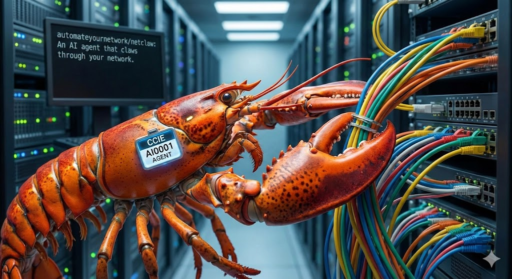 一只贴有CCIE标签的龙虾在数据中心机柜间夹着网线