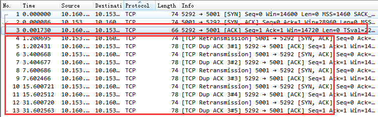 Wireshark抓包显示第三次握手ACK被丢，服务器重传SYN-ACK