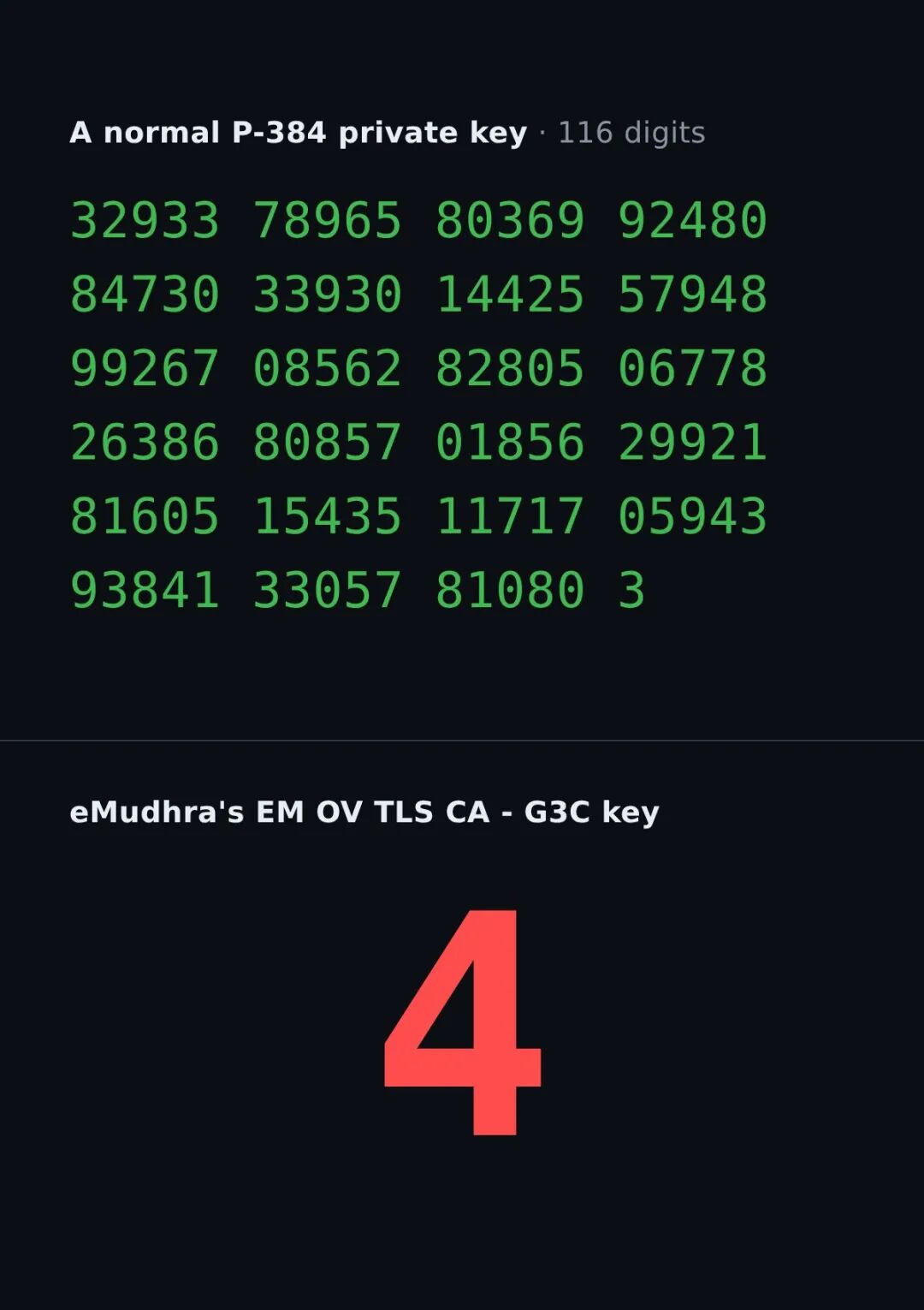 eMudhra中间CA证书私钥对比：正常P-384私钥116位数字vs简单数字4