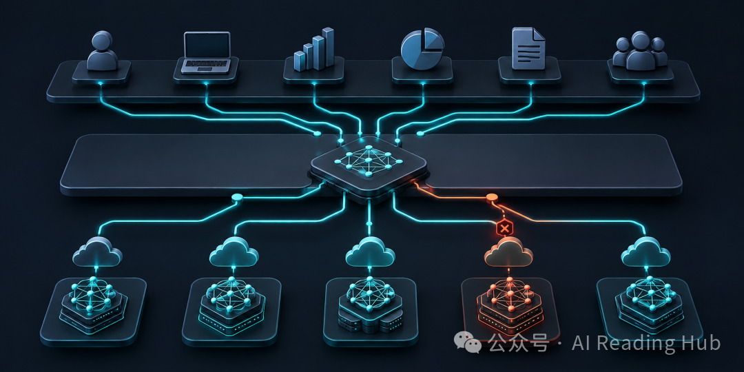 AI 可用性四层栈架构示意,展示入口层、平台层、模型层、基础设施层的数据流向与故障点
