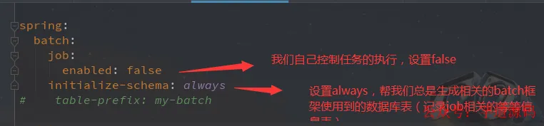 YAML 配置截图:突出显示 `job.enabled: false` 和 `initialize-schema: always`,右侧中文注释说明作用