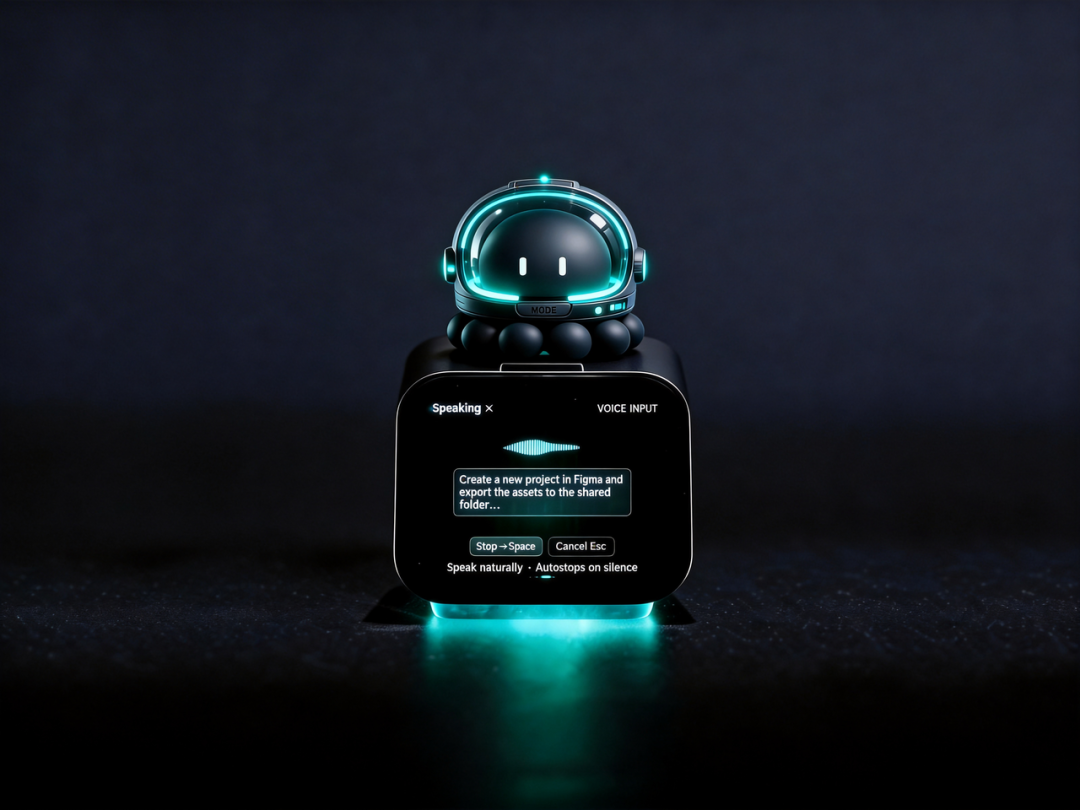 一个展示语音输入界面的机器人设备，提示创建 Figma 项目