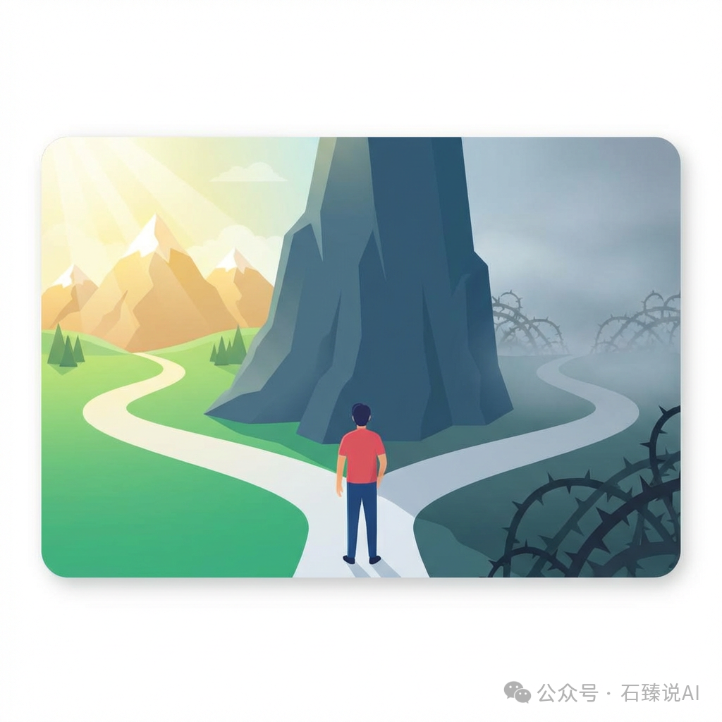 象征选择的扁平化插画：阳光大道与荆棘小路的岔路口