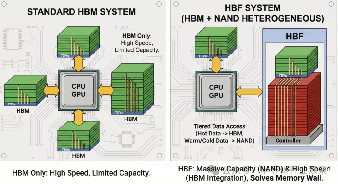 标准HBM系统与HBF系统架构对比图