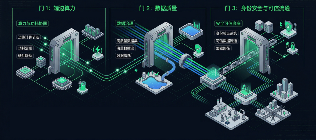 物联网落地三大门槛信息图：边缘算力、数据质量、身份安全与可信流通