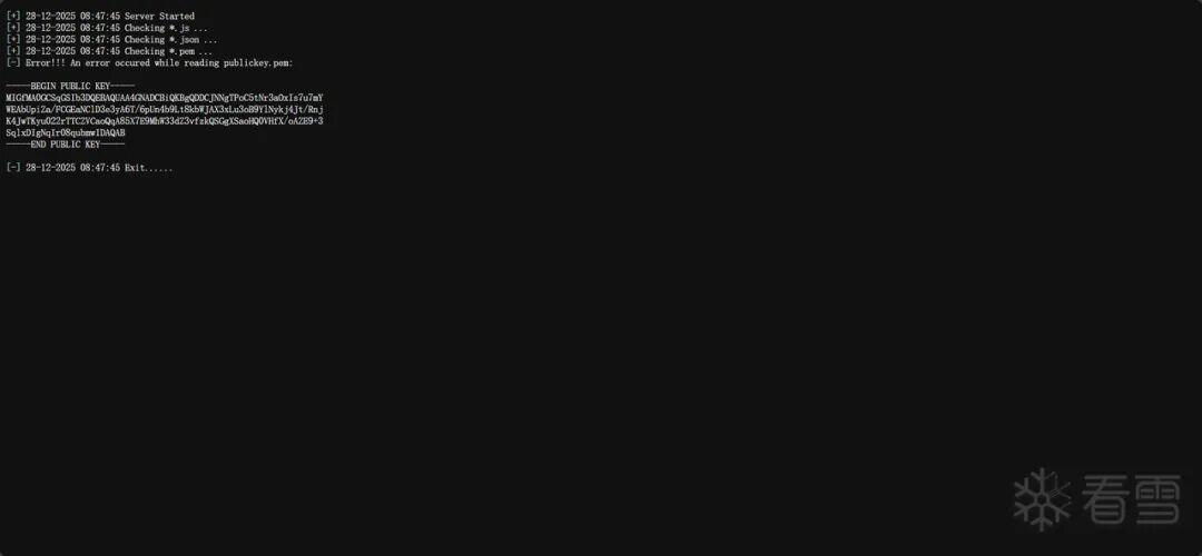 黑色背景终端界面，显示服务器启动日志，包含公钥读取失败错误及以 BEGIN PUBLIC KEY 开头的加密公钥文本