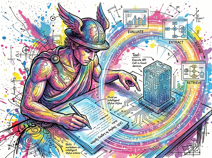 Hermes Agent 技能与工具架构插画，展示 EVALUATE、EXTRACT、REFINE、RETRIEVE 四个流程