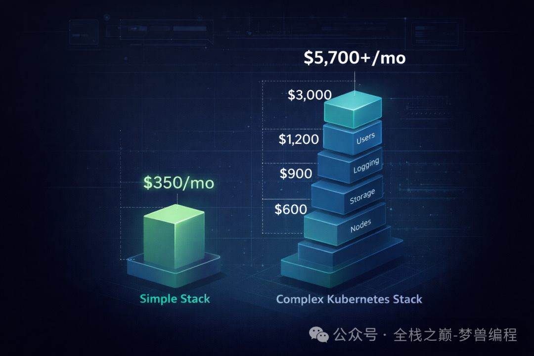 简单技术栈与复杂Kubernetes技术栈成本对比图